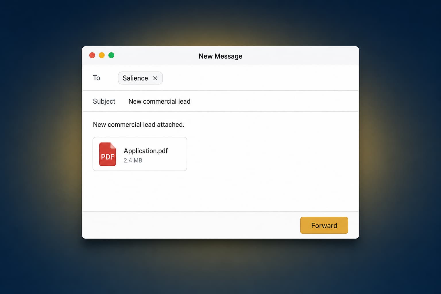 An email compose window forwarding Application.pdf to Salience